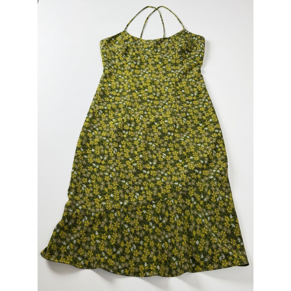Vintage Y2K Express World Brand Ditsy Green Yellow Floral Midi Slip Dress Sz 3/4